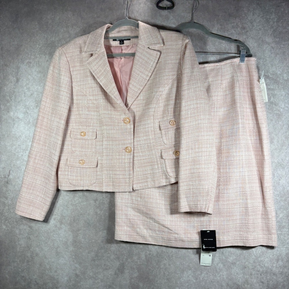Larry Levine Skirt Suit Sz 18 Pink 2 Piece Blazer Pencil Skirt Tweed Career NEW